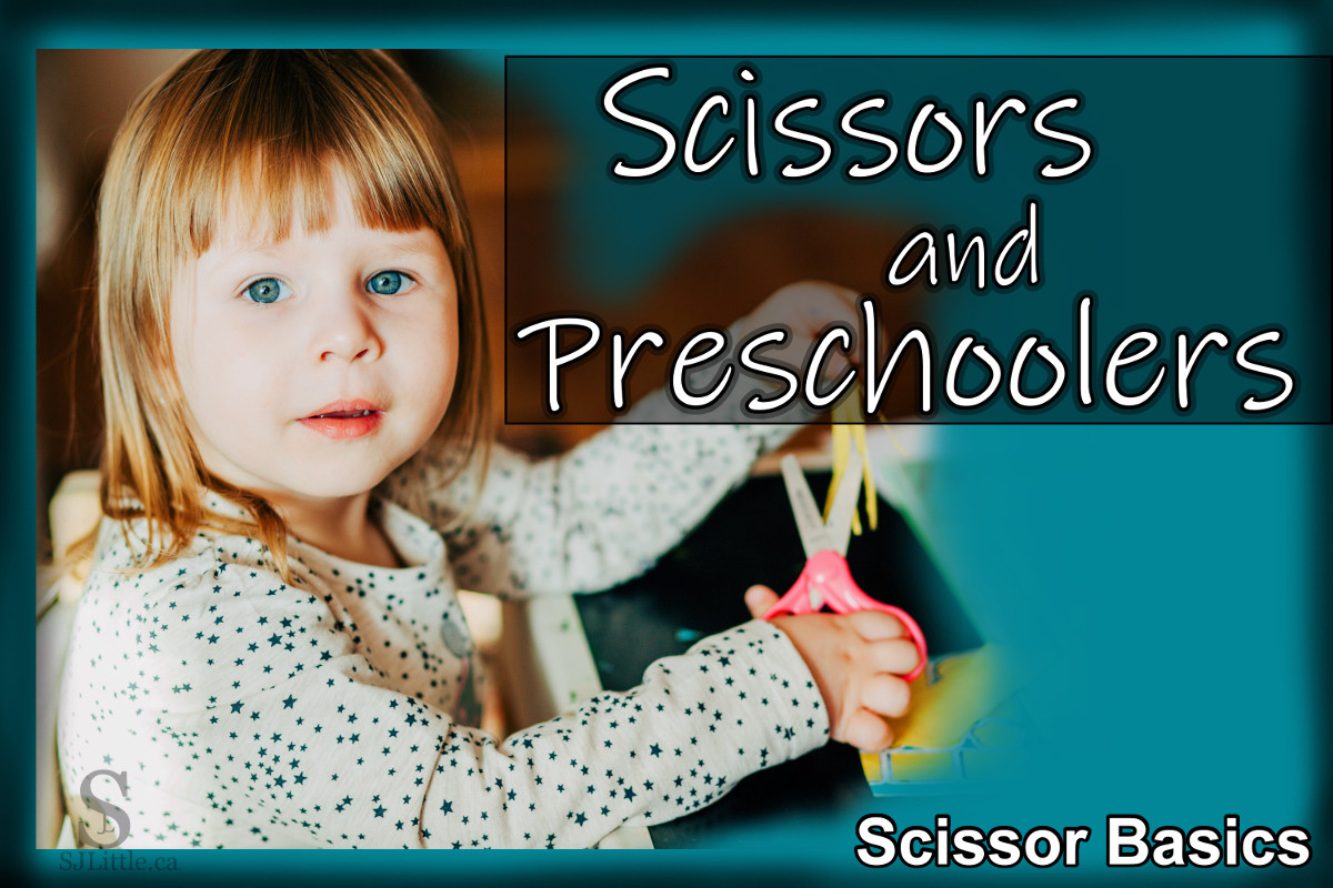 Child cutting with scissors behind title: Scissors and Preschoolers - Scissors Basics