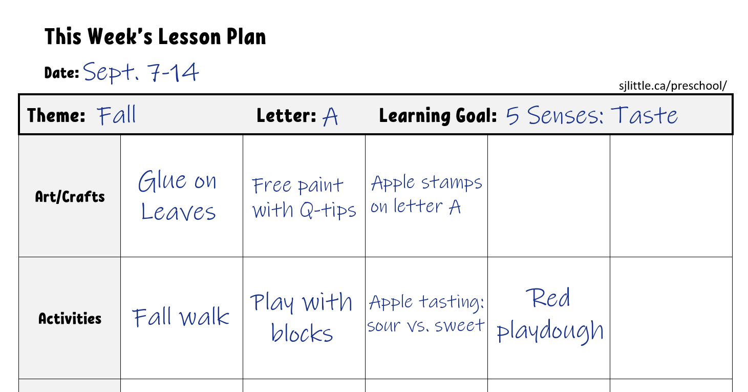 Sample of Preschool Lesson Plan
