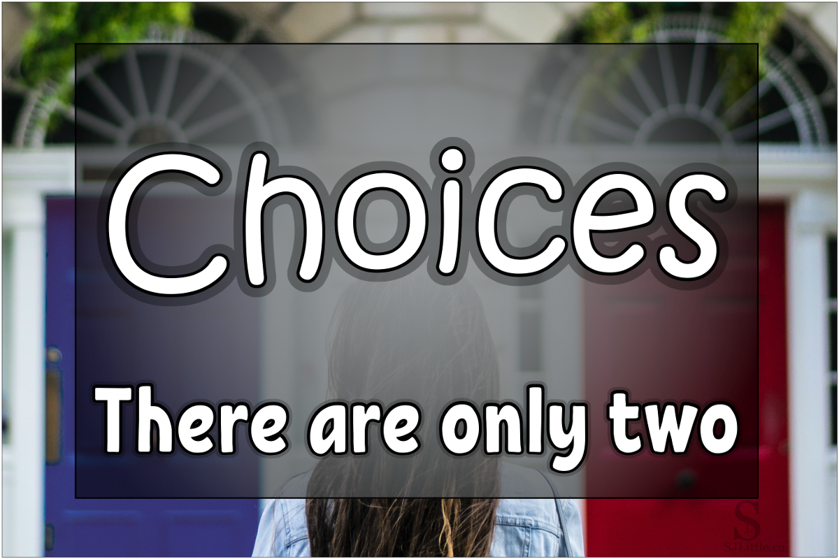 Woman standing in front of two doors behind title: Choices: There are only two